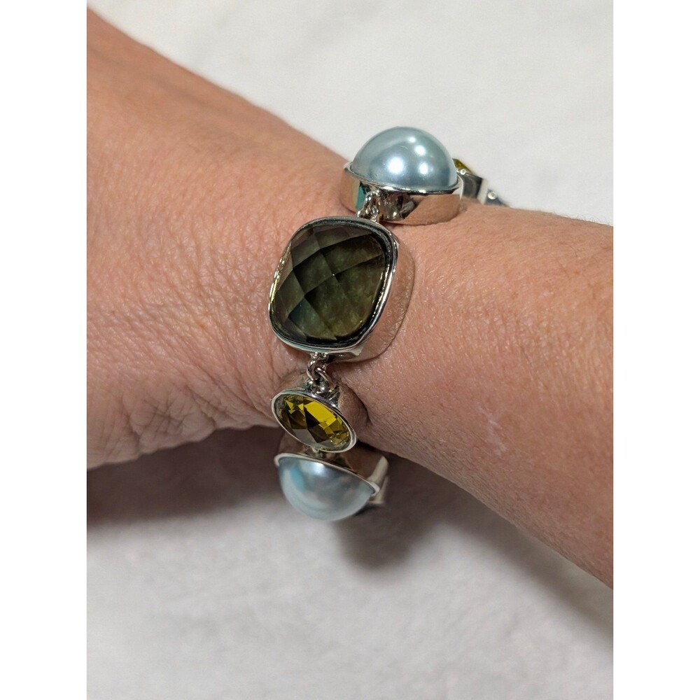 Anne Klein Silver Tone Mixed Stone Pearl Toggle Bracelet Chunky
